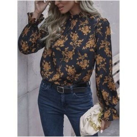 Boho floral print ruffle classic top black blouse - Picture 1 of 6